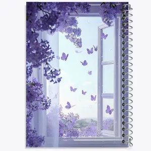 دفتر پنجره و گل های بنفش