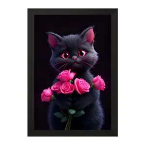 تابلو گربه و گل های صورتی