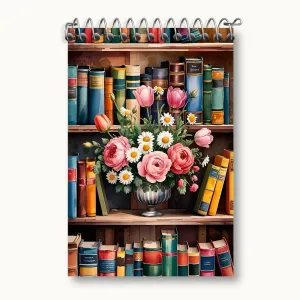 دفتر یادداشت کتابخوانه و گلدان گل